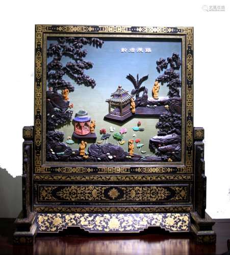 Chinese Lacquered Wood Table Screen w Stone Inlaid