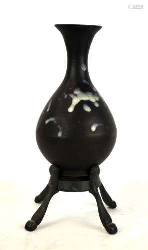 Chinese Brown Glaze Bottle Vase w Stand