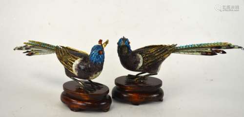 Pr Chinese Silver Enamel Birds on Wood Stands