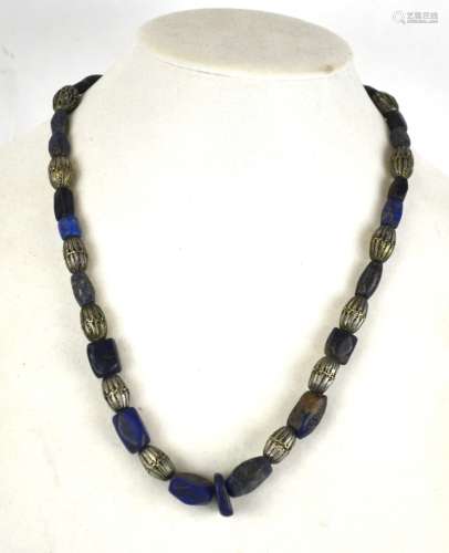 Ancient Lapis Necklace with Silver Beads