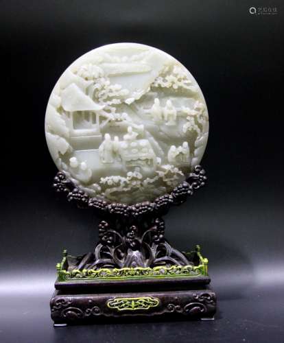 Chinese Carved Round Jade Plaque on Wood Stand