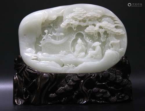 Chinese Carved White Jade Boulder w. Wood Base