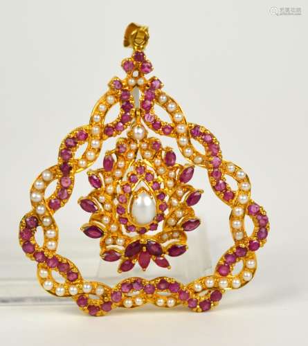 22K Gold Indian Pin with Rubies & Pearls