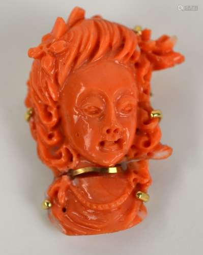 European 18K Gold Mounted Carved Coral Pin