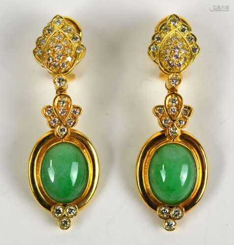 Pr 18K Gold Earrings w. Jadeite & Diamonds