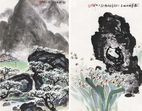 郑文岩 1977年作 山水花卉 （两帧） 镜片 设色纸本