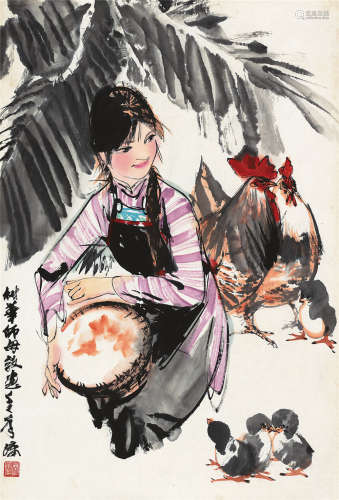 林墉 丁巳（1977）年作 少女饲鸡图 镜片 设色纸本