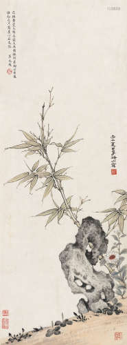 李研山刘草衣 壬午（1942年）作 竹石菊花图 镜片 设色纸本