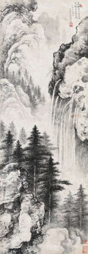 李研山 壬辰（1952）年作 观瀑图 镜片 水墨纸本