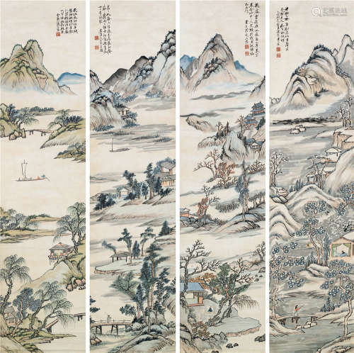 陈允升 己卯（1879）年作 四景山水屏 立轴 设色纸本