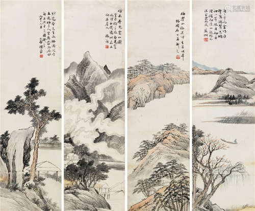 陈豪 丙申（1896）年作 山水 四屏立轴 设色纸本