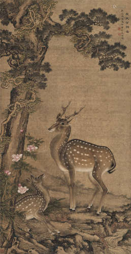 沈铨 丙寅（1746）年作 受天百禄 立轴 设色绢本