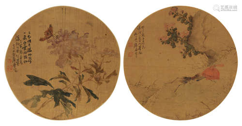 居廉 壬寅（1902）年、癸巳（1893）年作 花卉草虫 （两帧） 镜片 设色绢本