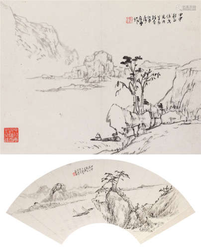 居廉 甲申（1884）年作 山水 （两帧） 镜片 水墨纸本
