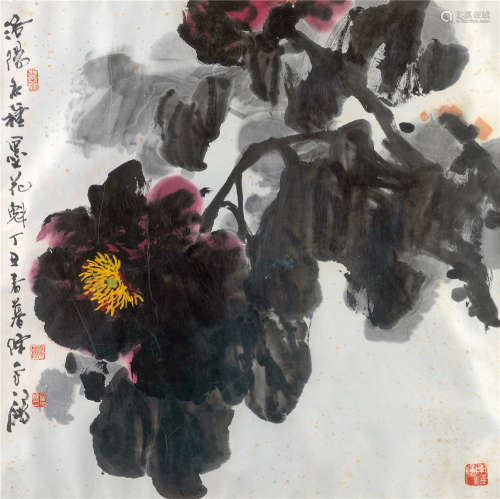 陈永锵 丁丑（1997）年作 墨牡丹 镜片 设色纸本
