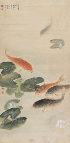 关山月 1942年作 荷塘鱼戏图 镜片 设色纸本