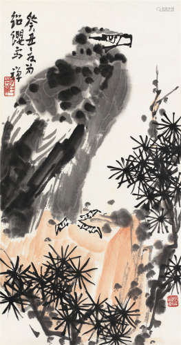 李苦禅 癸丑（1973年）作 松鹰图 立轴 设色纸本