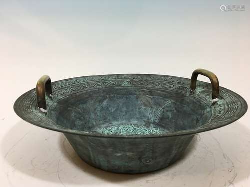 ANTIQUE Chinese Dancing Water Bronze Bowl,  Qing Dynasty or early,  15 1/2