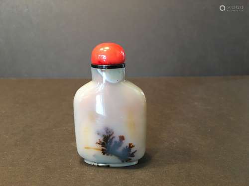 ANTIQUE Chinese Agate Snuff Bottle with red coral lid, 19th Century. 2 1/2