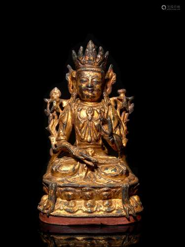 STATUETTE DE   BODHISATTVA EN BRONZE LAQUÉ OR, CHINE, DYNASTIE MING, XVIe-XVIIe SIÈCLE 