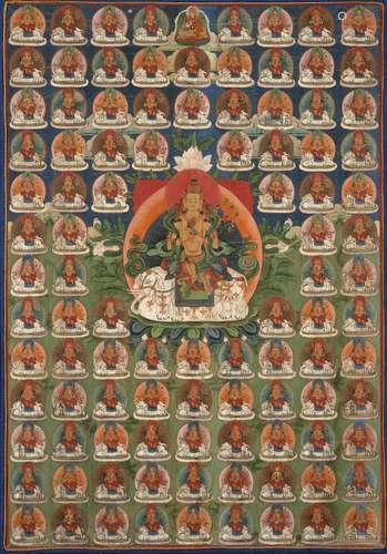 THANGKA DE   SAMANTABHADRA ENCADRÉE, TIBET, XIXe SIÈCLE 