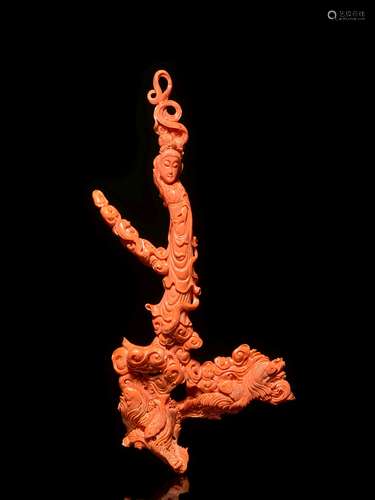 GROUPE EN CORAIL   SCULPTÉ, CHINE