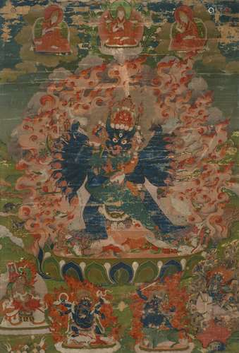 THANGKA DE   YAMANTAKA ENCADRÉE, TIBET, XVIIIe SIÈCLE 