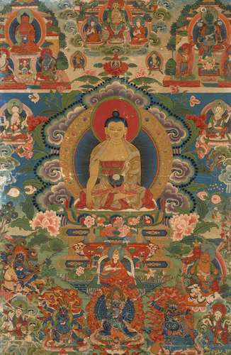 THANGKA DE   BOUDDHA SHAKYAMUNI ENCADRÉE, TIBET, XIXe SIÈCLE 