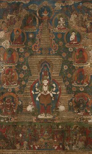 THANGKA   D'AVALOKITESVARA ENCADRÉE, TIBET, XIXe SIÈCLE 