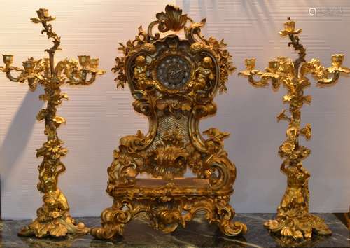 Large Louis XIV Style 3 Pieces Bronze Clock Set