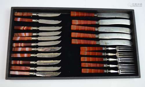 Group of Early Agate & Steel Forks & Knives