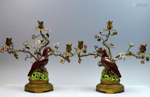 Pr. Bronze & Porcelain Parrot Candelabra w/ Flower