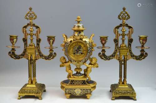 3 Pec French Bronze Gilt & Enamel Clock Set
