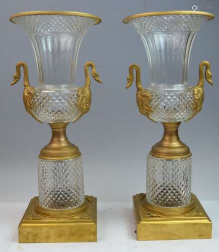 Pair of Crystal Vases with Bronze Swan Handles