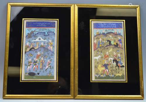 Pair of Persian Miniature Watercolor Paintings