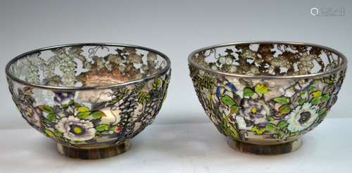 Pair of Japanese Silver and Enamel Bowls Signed