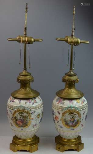 Pair of K.P.M. Porcelain Vase Lamps with Bronze