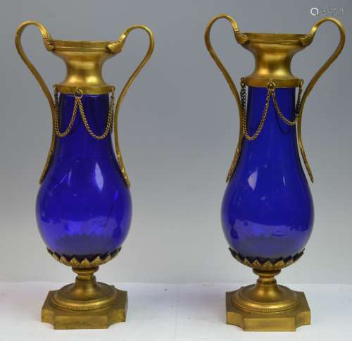 Pair of Blue Glazed Bronze Mounted Vase