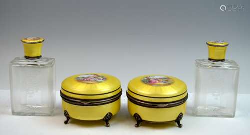 4 Pieces Yellow Enamel on Silver Dressing Set