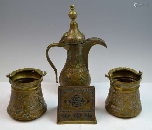 4 Syria Silver & Copper Inlaid Vessels