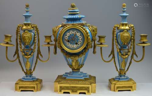 3 Piece French Bronze & Porcelain Clock Set