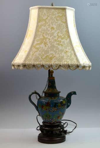 Chinese Cloisonne Ewer Lamp on Wood Stand