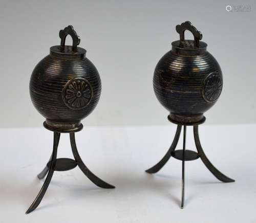 Pair of Japanese Silver Tripod Salt Pepper Shakers