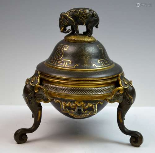 French Silver Inlaid Tripod Bronze Bowl w/ Cover