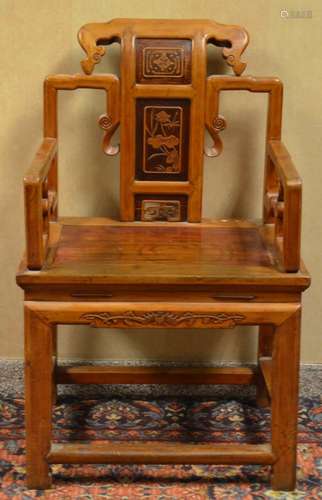 Chinese Wood Carved Chair with Side