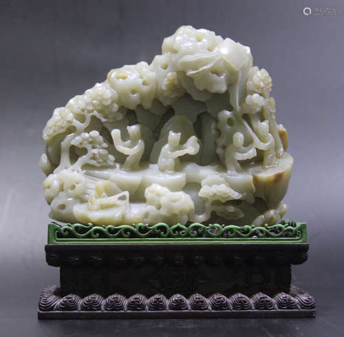Chinese Carved Jade Landscape Pendant on Wood Stand