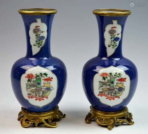 Pr. Chinese Famille Verte Porcelain Vase on Bronze