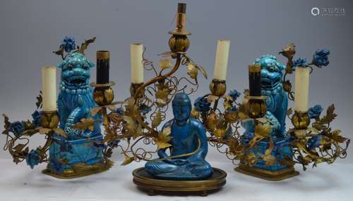 3 Pes Blue Glazed Porcelain & Bronze Candle Sticks