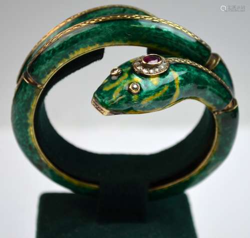 18K Green Enamel Diamond & Ruby Snake Bracelet