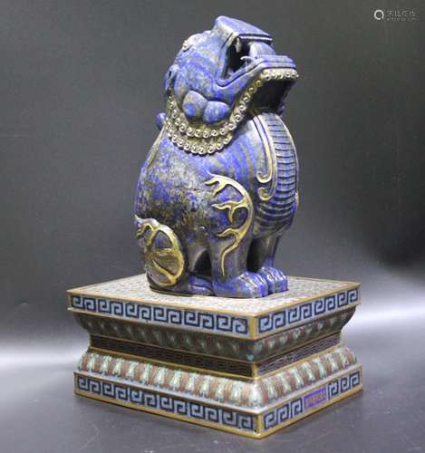 Chinese Carved Lapis Lazuli Beast on Cloisonne Base